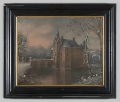 Gezicht op kasteel Cannenburch in de sneeuw