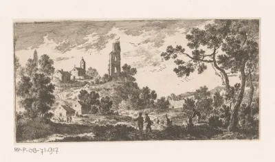 Gezicht op kerk en dorp achter bomen