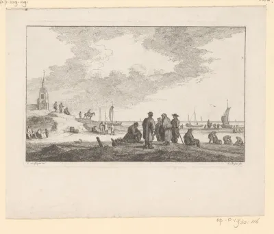 Gezicht op kerk en strand van Scheveningen