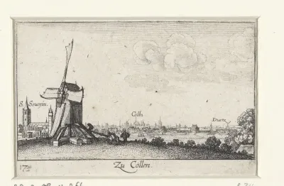 Gezicht op Keulen met molen op voorgrond