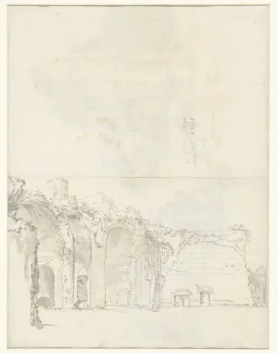 Gezicht op klassieke ruïnes / recto: Gezicht op de thermen van Caracalla, Rome, met een grote rots in de voorgrond