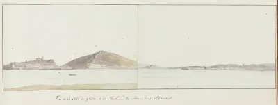 Gezicht op kust van Gaeta en mausoleum van Munatius Plancus (Lucio Munazio Planco)