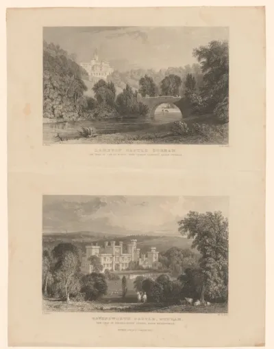 Gezicht op Lambton Castle en voorstelling van Ravensworth Castle
