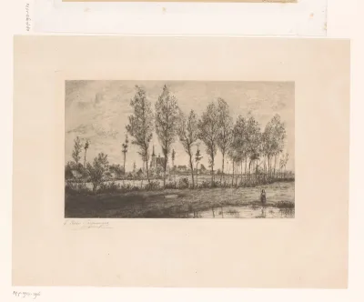 Gezicht op Meerle met bomenrij en water op de voorgrond