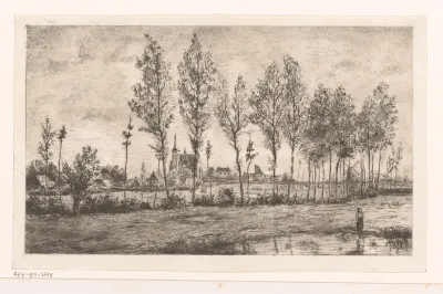 Gezicht op Meerle met bomenrij en water op de voorgrond