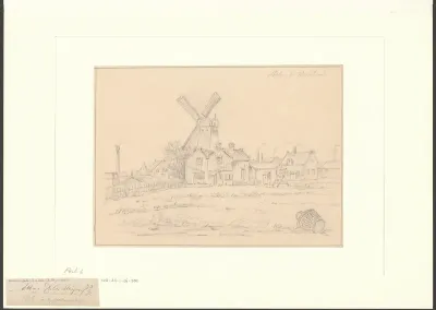 Gezicht op molen De Windhond aan het einde van de Middenweg