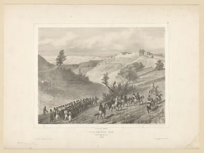 Gezicht op musici en ruiters en de stad Tchioufout Galeh, 18 augustus 1837