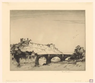 Gezicht op Richmond Castle over de River Swale