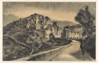Gezicht op Riventosa, Corsica, met wandelaar