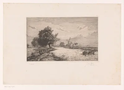 Gezicht op rivier de Leie in de omgeving van Gent met molens