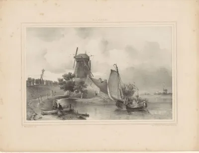 Gezicht op rivier met zeilboot en molen