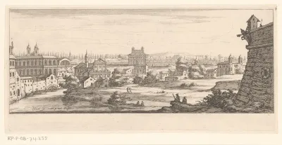 Gezicht op Rome met op de voorgrond een vlakte met enige mensen