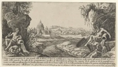 Gezicht op Rome met twee riviergoden