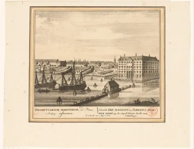 Gezicht op 's Lands Zeemagazijn (Admiraliteitsmagazijn) en de Admiraliteitswerf te Amsterdam