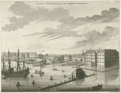 Gezicht op 's Lands Zeemagazijn (Admiraliteitsmagazijn) en de Admiraliteitswerf te Amsterdam