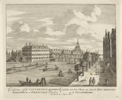 Gezicht op 's Lands Zeemagazijn (Admiraliteitsmagazijn) en de Oosterkerk te Amsterdam