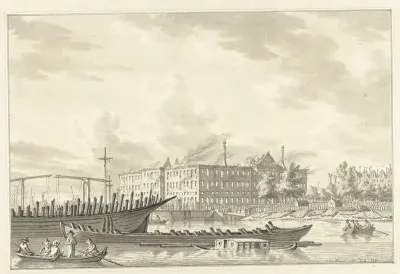 Gezicht op 's Lands Zeemagazijn te Amsterdam na de brand van 1791