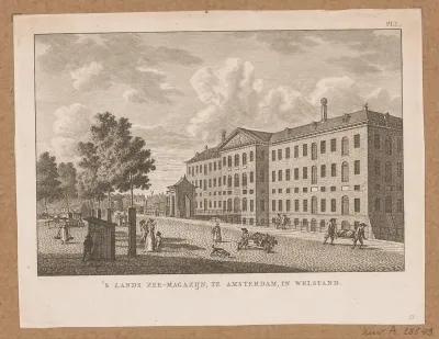 Gezicht op 's Lands Zeemagazijn te Amsterdam vóór de brand van 1791