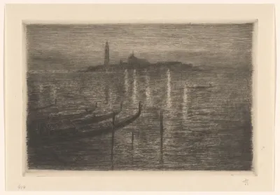 Gezicht op San Giorgio Maggiore in Venetië bij nacht