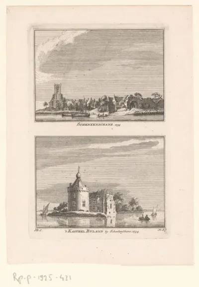 Gezicht op Schenkenschanz en Kasteel Bylandt, 1734