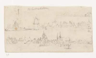Gezicht op Schoonhoven vanuit het zuiden over de rivier de Lek