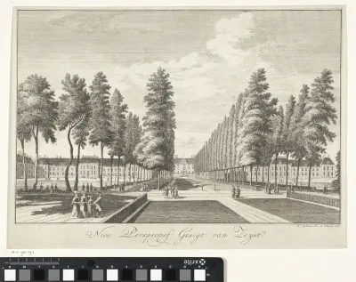 Gezicht op Slot Zeist en de gebouwen van het Broeder- en Zusterplein