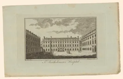 Gezicht op St Bartholomew's Hospital te Londen