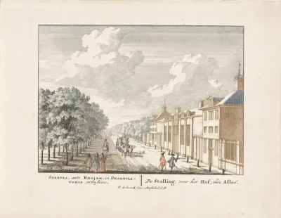 Gezicht op stallen en koetshuizen van Paleis Het Loo