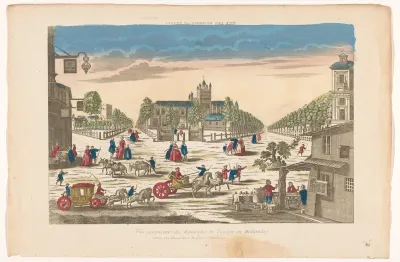 Gezicht op straten en een plein met een kerk in de omgeving van de stad Leiden
