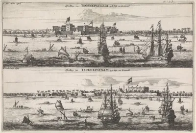Gezicht op Tegepatnam, een Moors kasteel en de Nederlandse loge
