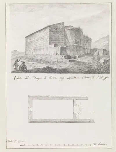 Gezicht op tempel van Demeter en plattegrond, tegenwoordig opgenomen in kerk van heilige Blasius te Agrigento