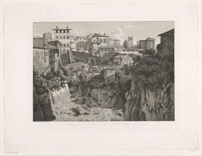 Gezicht op Tivoli, met de tempel van Vesta in de verte