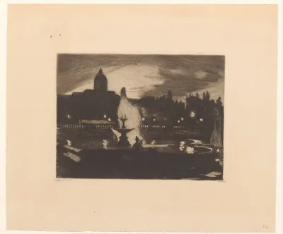 Gezicht op Trafalgar Square en de National Gallery in Londen bij avond