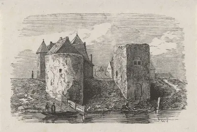Gezicht op twee torens aan een rivieroever