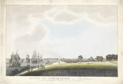 Gezicht op uitgebrande huizen in Paramaribo, 1821