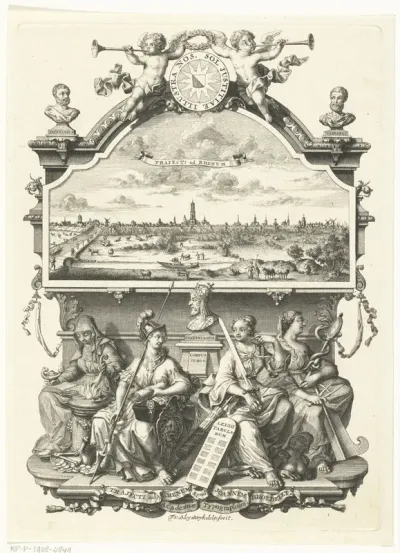 Gezicht op Utrecht in omlijsting met godin Minerva en deugden