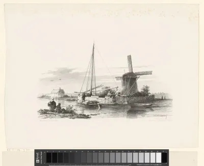 Gezicht op vaart met turfschuit en zeilboot