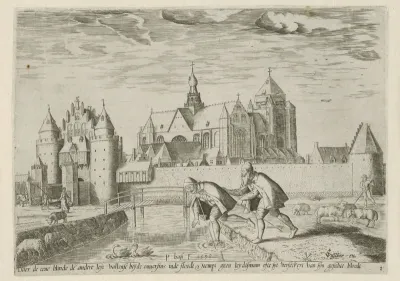 Gezicht op Veere, met het spreekwoord: de ene blinde leidt de andere