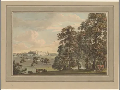 Gezicht op velden en Warwick Castle
