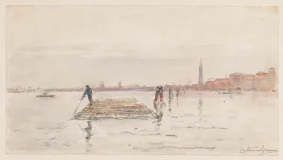 Gezicht op Venetië vanaf het water, met op de voorgrond in het water een houten vlot