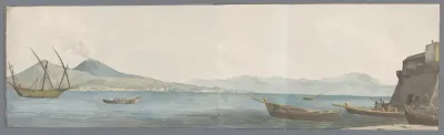 Gezicht op Vesuvius en kust van Portici vanaf hoek van Castel dell'Ovo