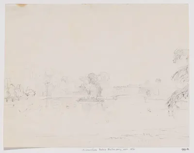 Gezicht op vijver en tuin en achterzijde van het paleis Buitenzorg (vóór 1834), West-Java