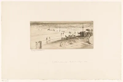 Gezicht op Villers-sur-mer met figuren op het strand en in de zee