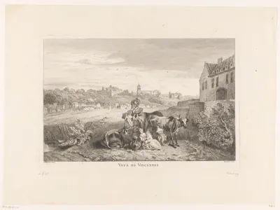 Gezicht op Vincennes met koeien en figuren