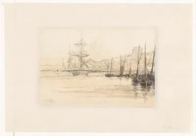 Gezicht op vissershaven van Honfleur, met grote schepen op de achtergrond