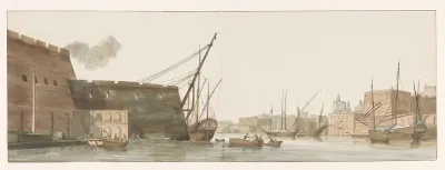 Gezicht op werf in haven van galei schepen te Malta