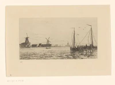 Gezicht op Zaandam met boten en molens