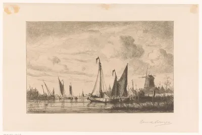 Gezicht op Zaandam met boten in de voorgrond