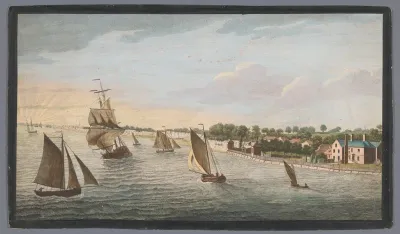 Gezicht op zeilschepen op de rivier de Theems te Northfleet