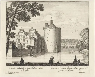 Gezicht over de slotgracht op de achterzijde van Kasteel Rosendael